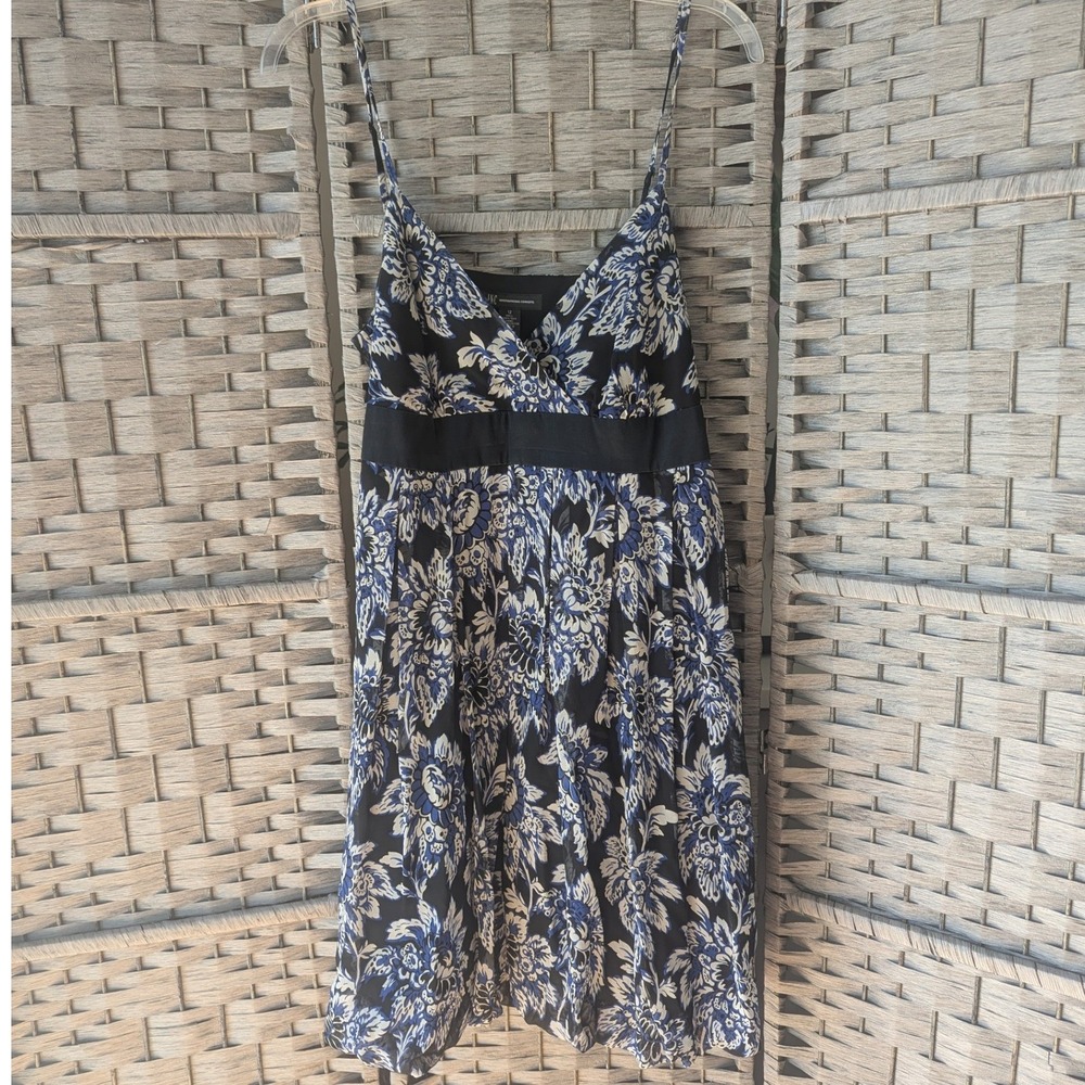 Blue Black Floral Sleeveless Silk Empire Waist Mini Slip Dress Babydoll Sz 12